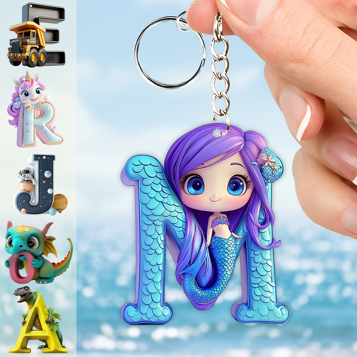 Porte-clés enfant personnalisé avec lettre sirène - Magnifique porte-clés sirène