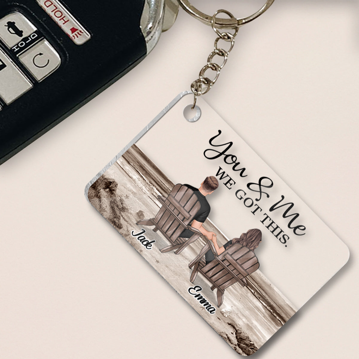 Couple Sitting Back View Retro Vintage Beach Landscape - Personalized Couple Transparent Keychain