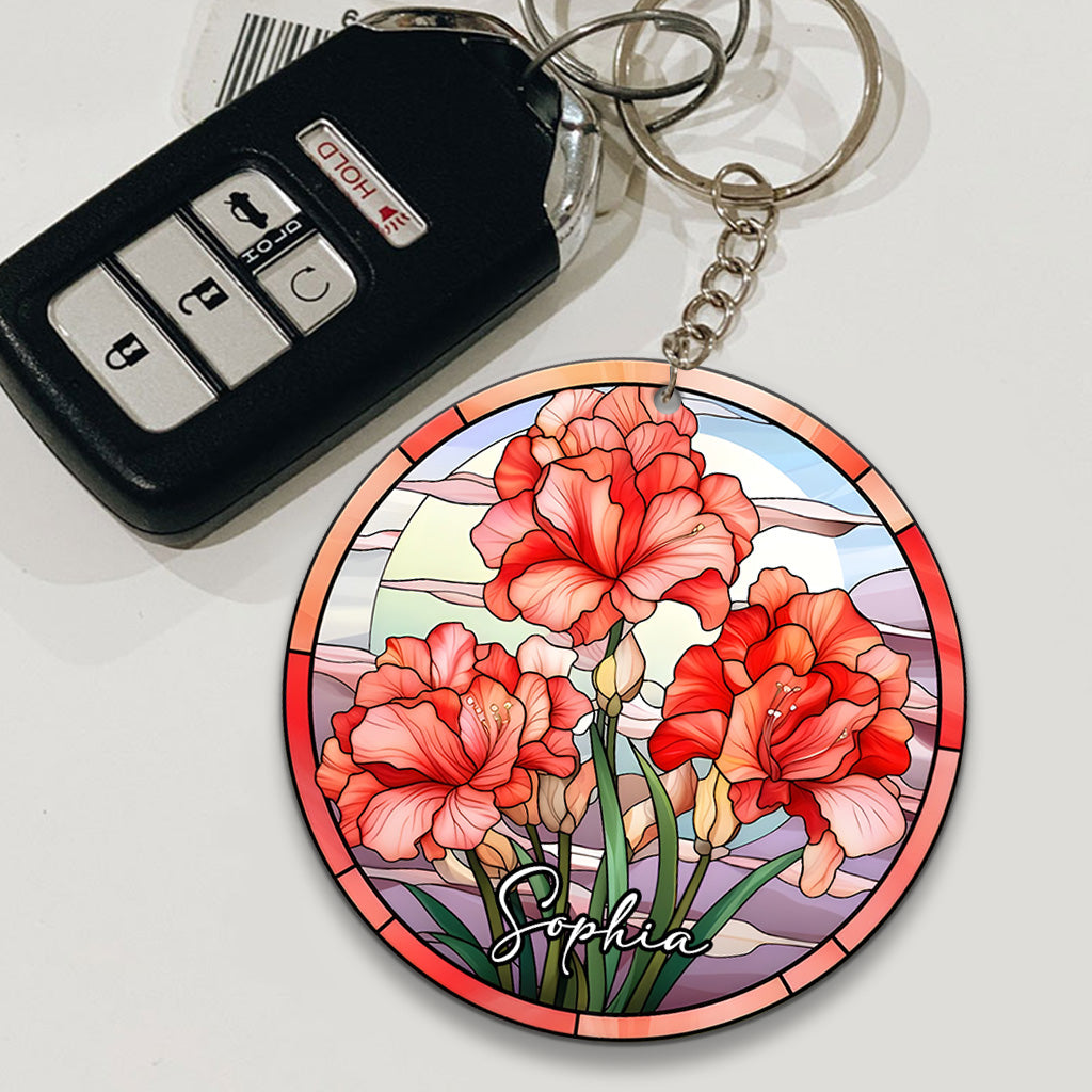 Porte-clés d'anniversaire personnalisé - Fleurs du mois de naissance en vitrail