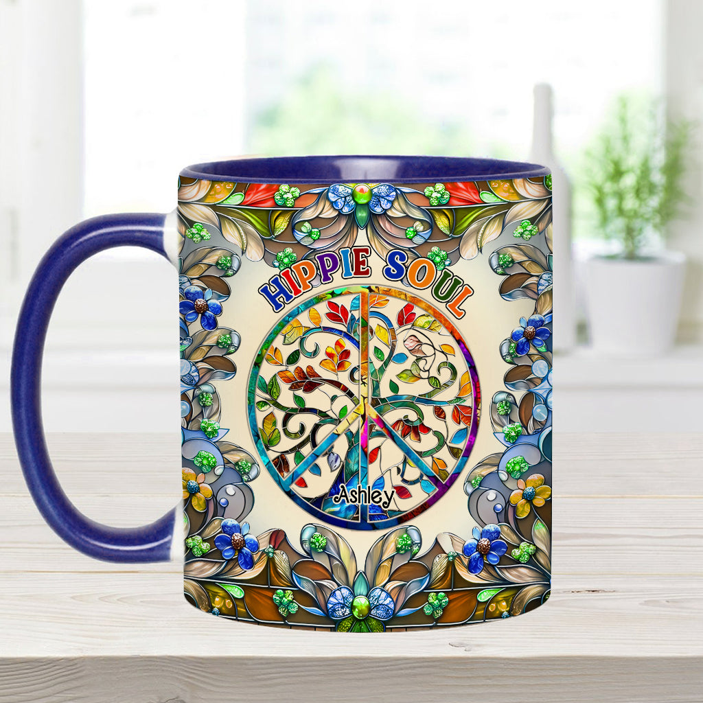 Es ist eine wunderschöne Welt, der Baum des Lebens, Friedenssymbol - personalisierte Tasse mit Hippie-Akzent