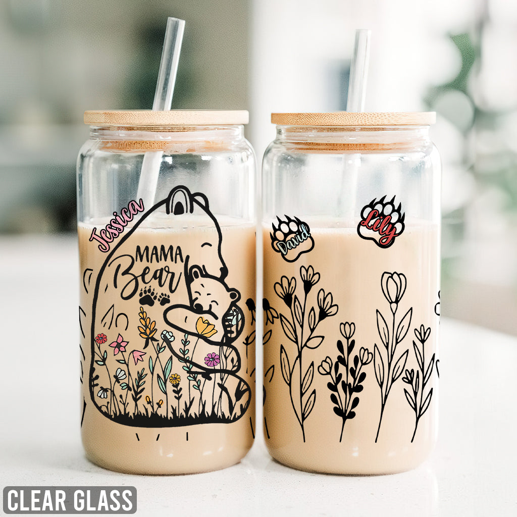 Mama Bear Floral Love Affection - Personalized Mother Can Glass
