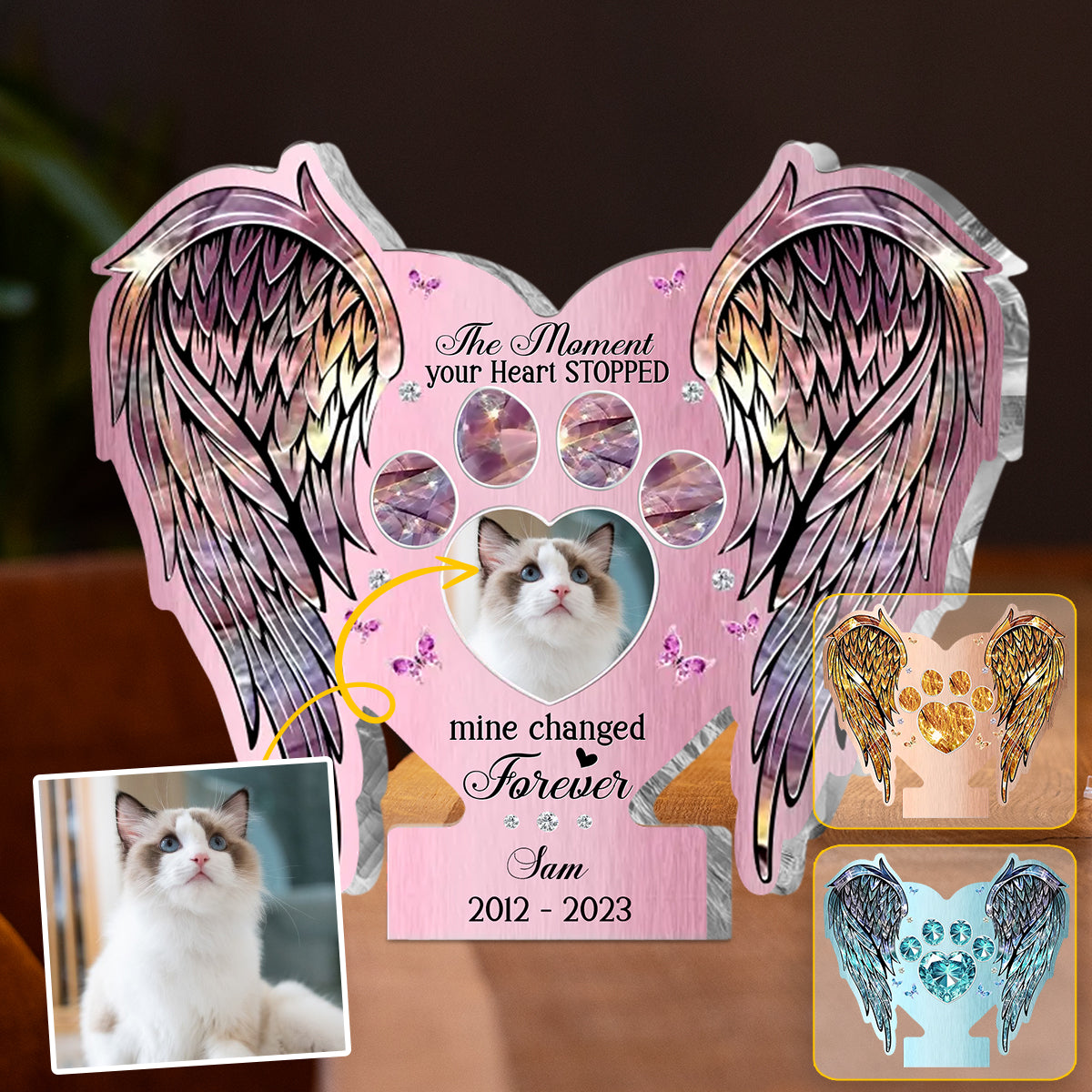 Ailes commémoratives : Tes ailes étaient prêtes, mais mon cœur ne l’était pas – Plaque acrylique personnalisée en forme de chat