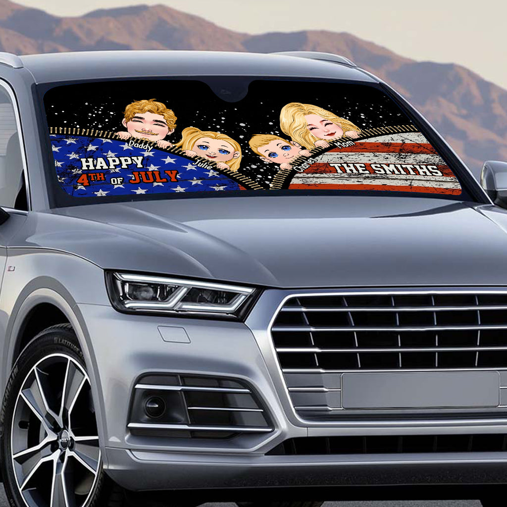 Pare-soleil de voiture familial personnalisé pour la fête nationale américaine - Idée cadeau amusante pour toute la famille