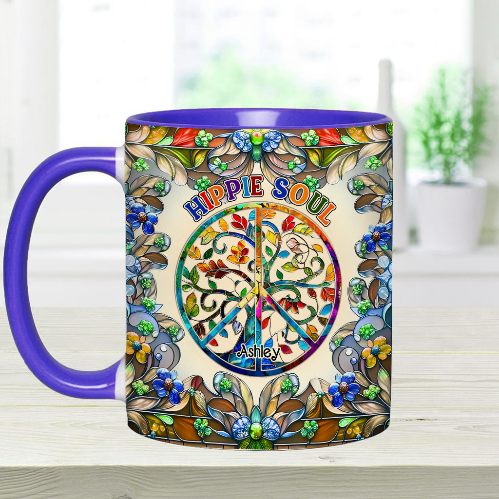 Es ist eine wunderschöne Welt, der Baum des Lebens, Friedenssymbol - personalisierte Tasse mit Hippie-Akzent