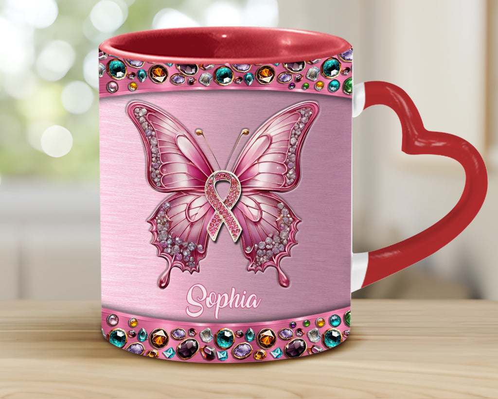 Foi, Espoir, Amour - Mug personnalisé avec anse en forme de cœur pour la sensibilisation au cancer du sein