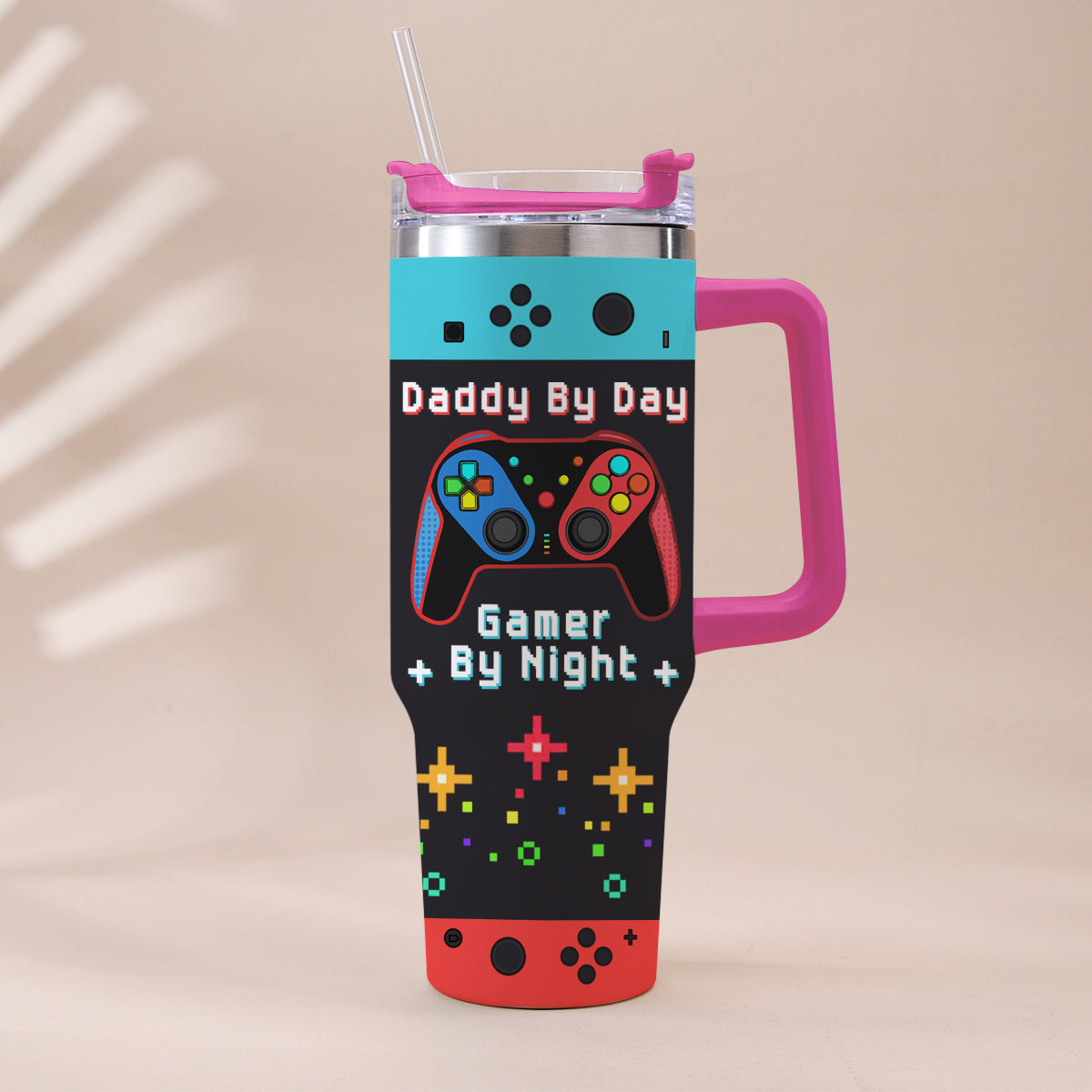 Daddy By Day Gamer By Night - Personalized Father Tumbler With Handle