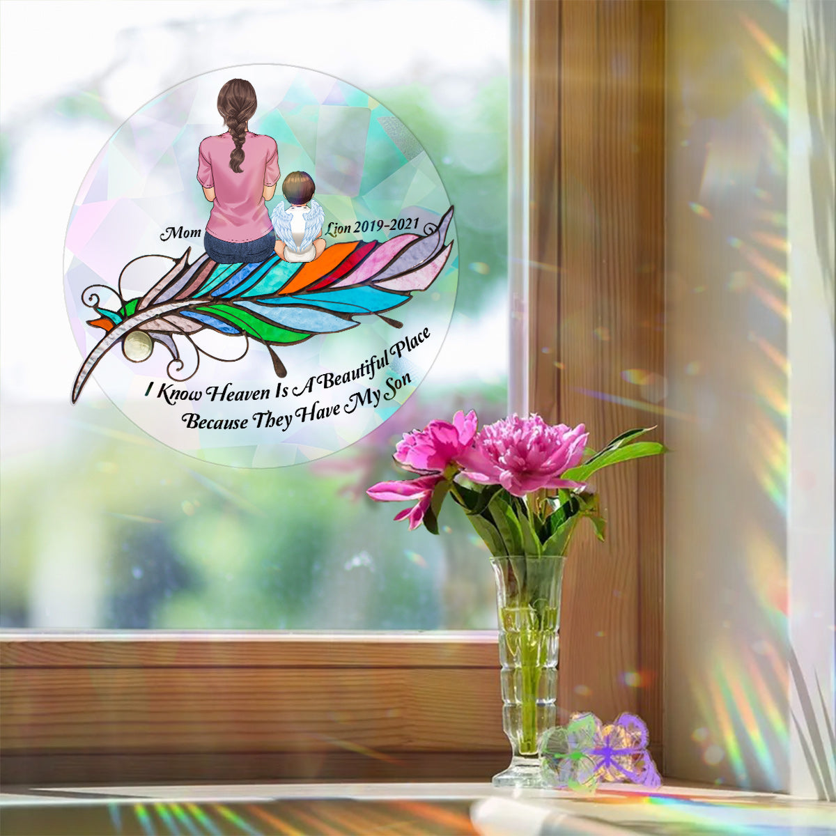 I Know Heaven Is A Beautiful Place Because They Have My Son Husban Dad - Personalized Memorial Suncatcher Decal