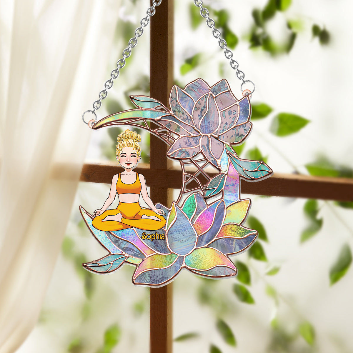 Attrape-soleil personnalisé à suspendre à une fenêtre, motif « Yoga Girl On Lotus Moon » 