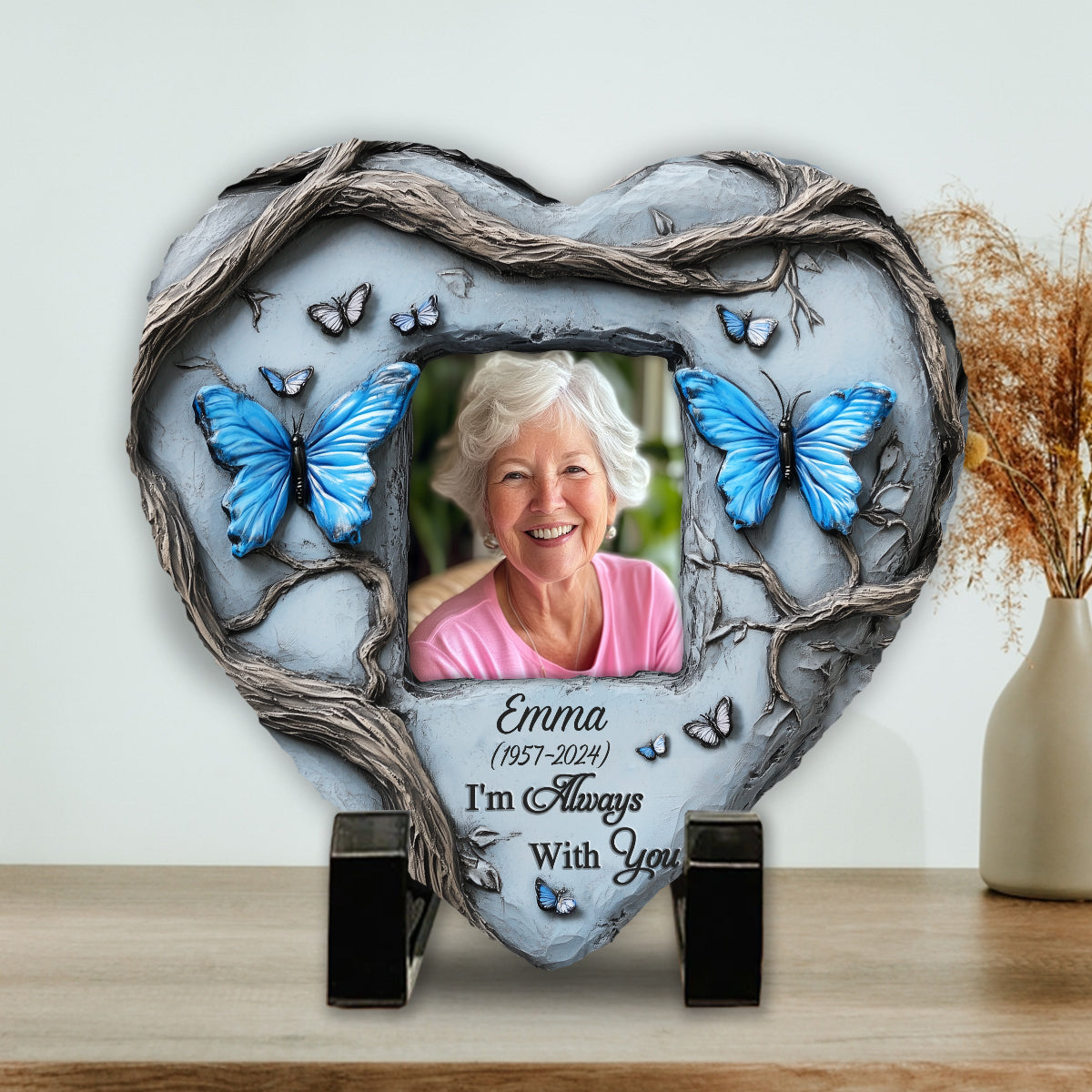 In Loving Memory Blue Butterfly - Personalized Memorial Heart Shaped Stone