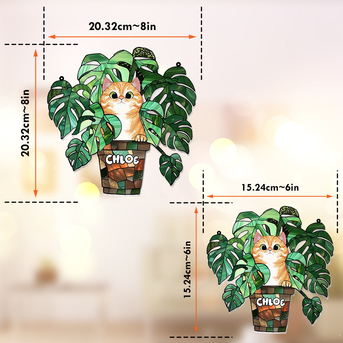 Chat qui regarde et Monstera - Attrape-soleil personnalisé à suspendre à la fenêtre avec motif chat 