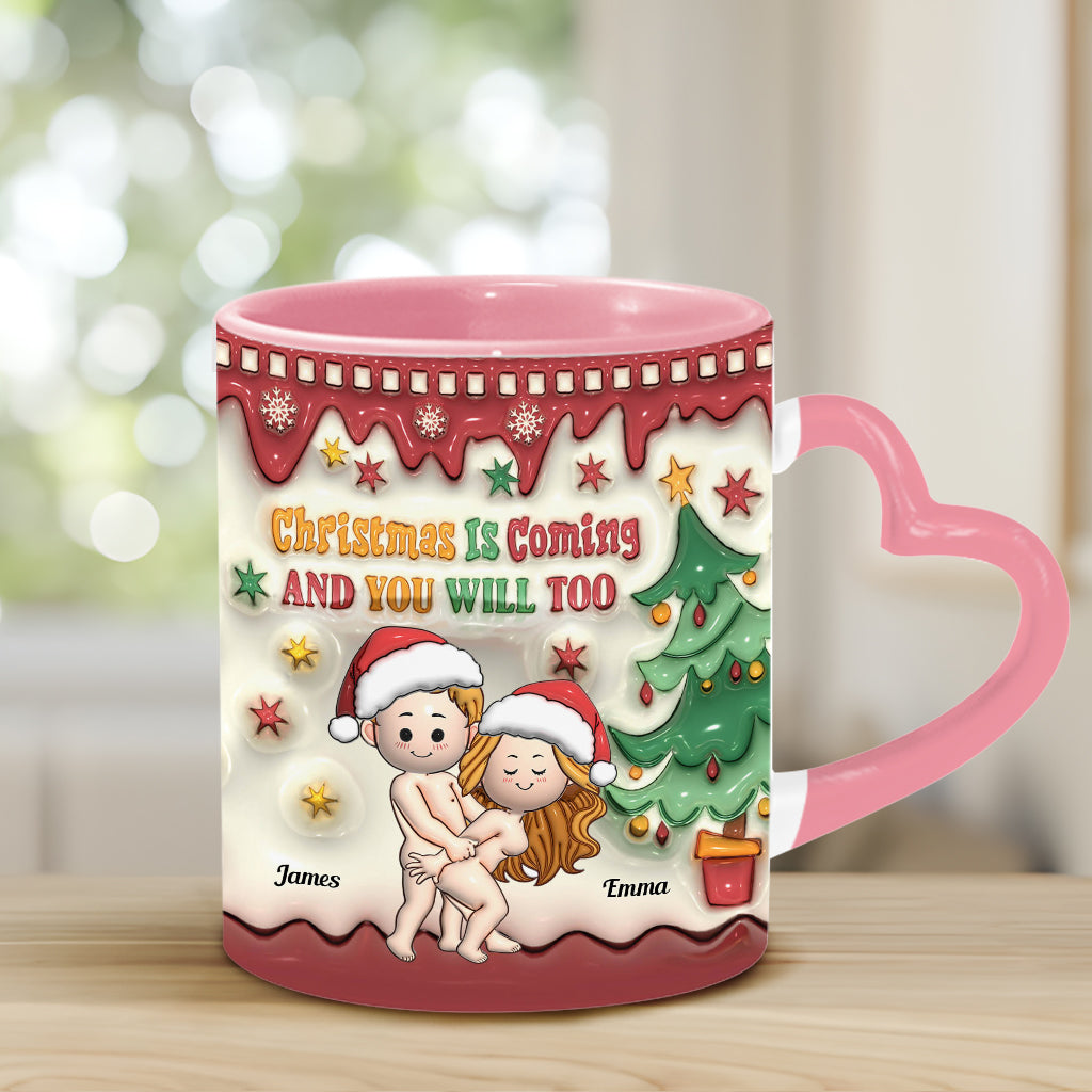 Christmas Is Coming - Personalized Couple Heart Handle Mug