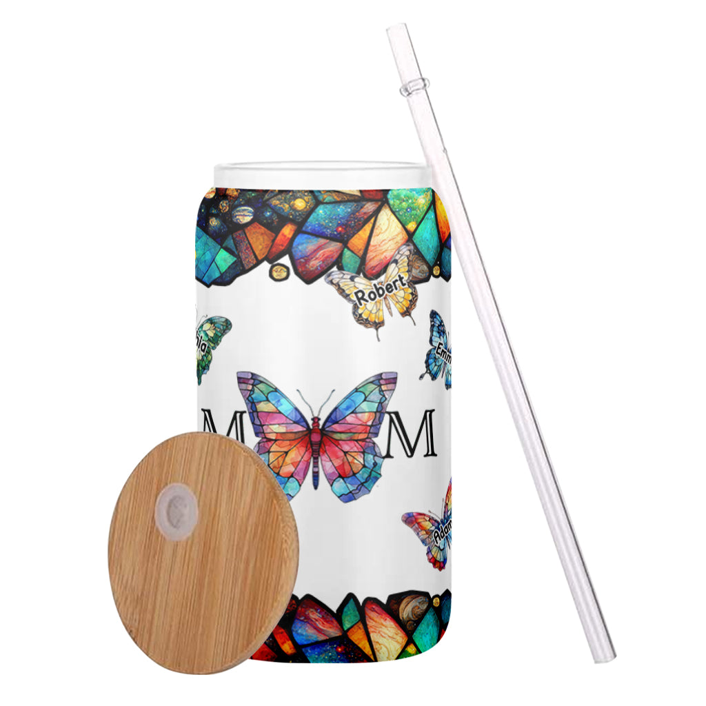 Mom Butterfly Colorful Stained Glass - Personalized Mother Can Glass