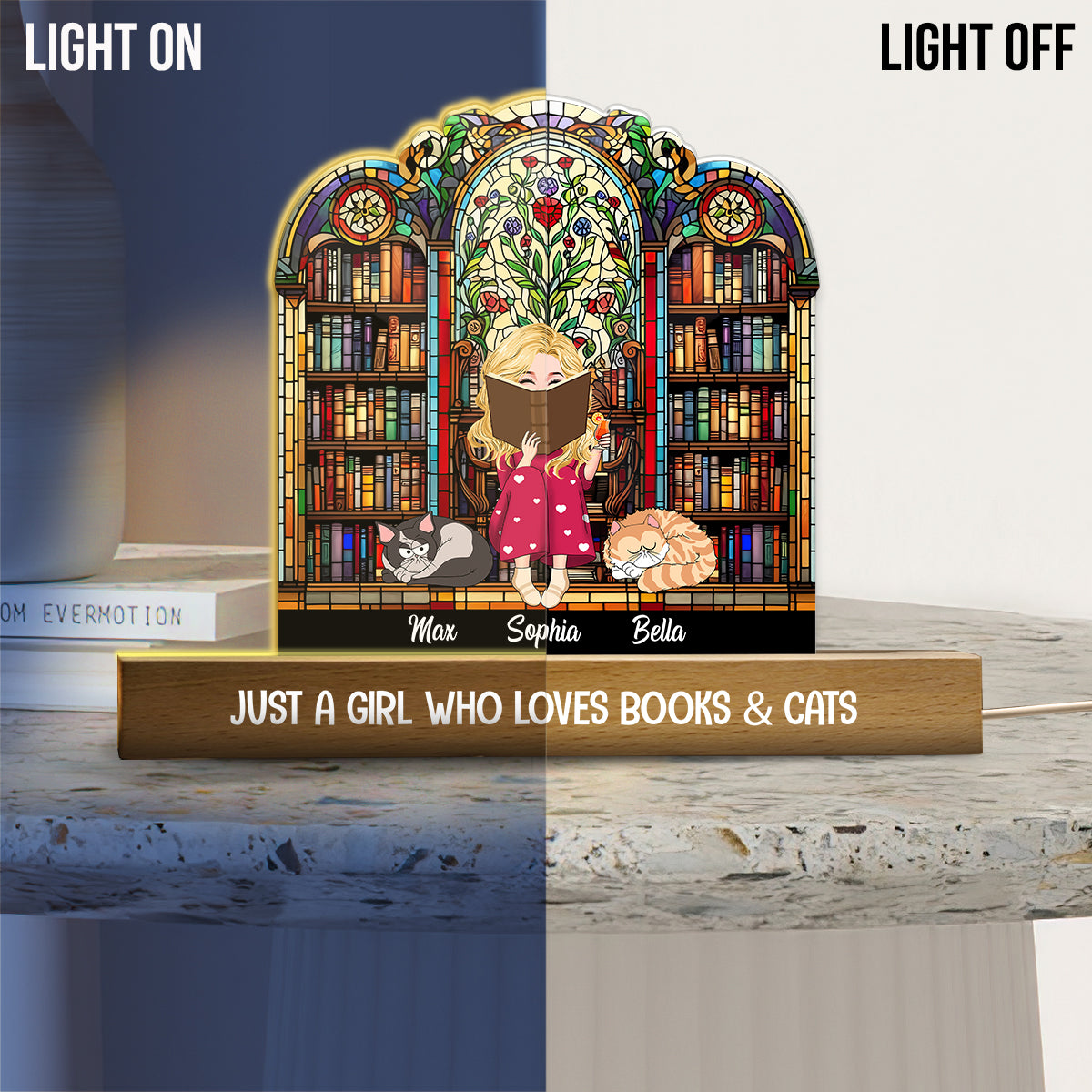 Veilleuse LED personnalisée en forme de livre « Juste une fille qui aime les livres et les animaux »