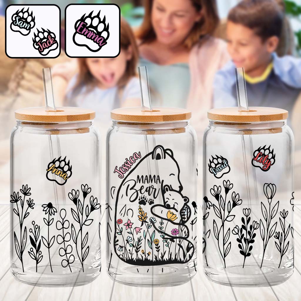 Mama Bear Floral Love Affection - Personalized Mother Can Glass