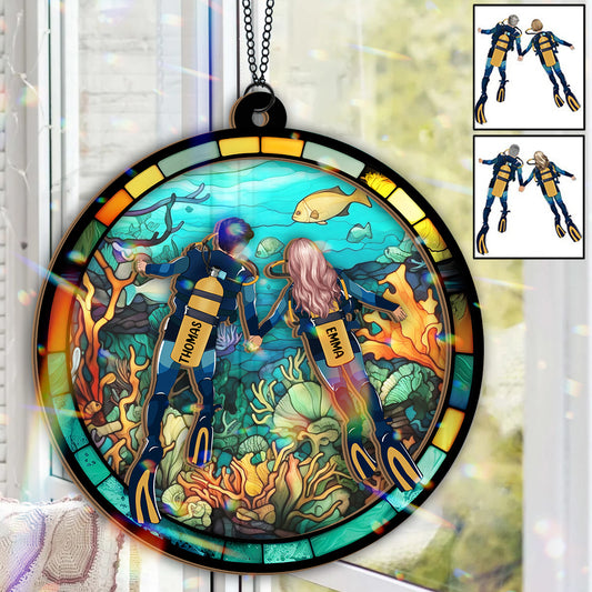 You & Me And The Sea - Personalized Scuba Diving 2 Layered Window Hanging Suncatcher