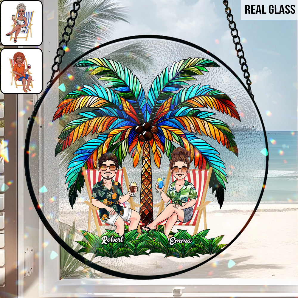 Under The Palm Tree Happy Couple - Personalized Couple Stained Glass Suncatcher