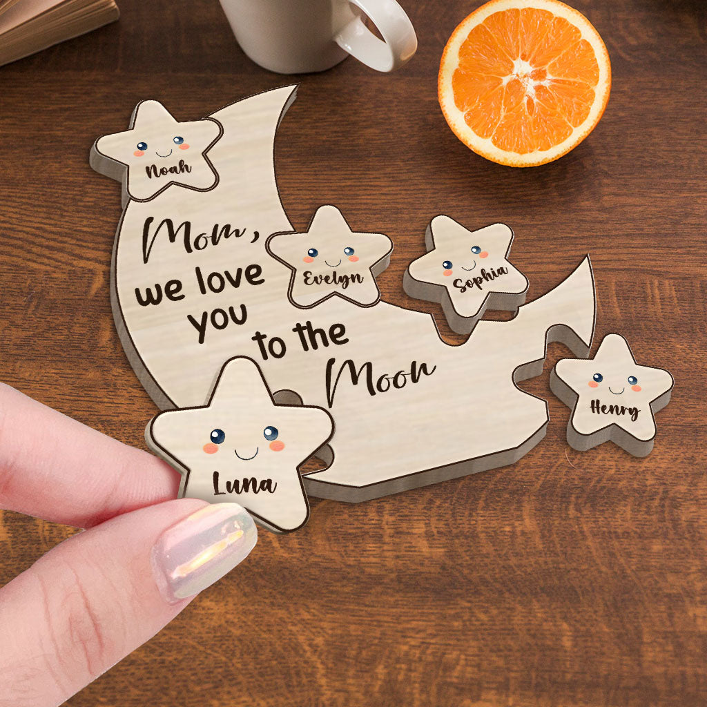We Love You To The Moon And Back Little Stars - Personalized Mother Shaped Wooden Puzzle