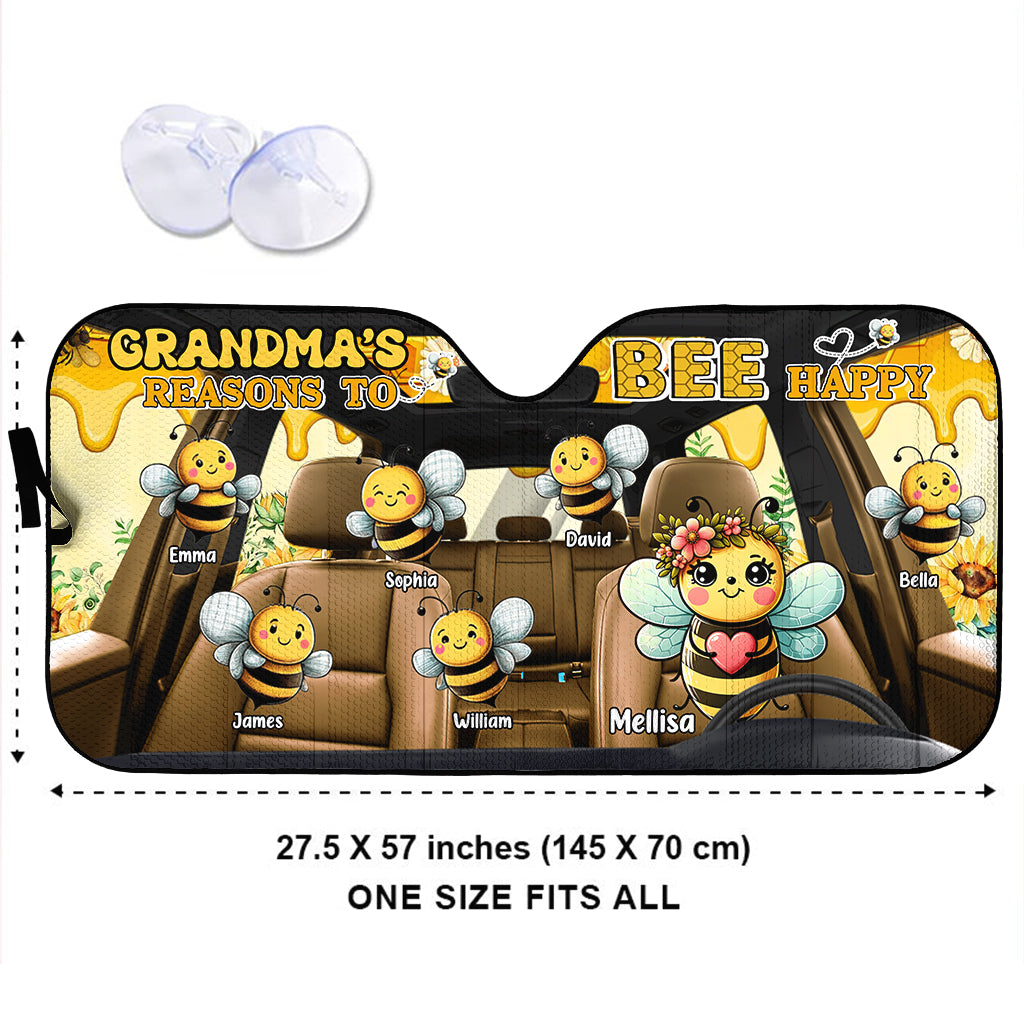 Grandma's Reasons To Bee Happy - Personalized Grandma Car Sunshade