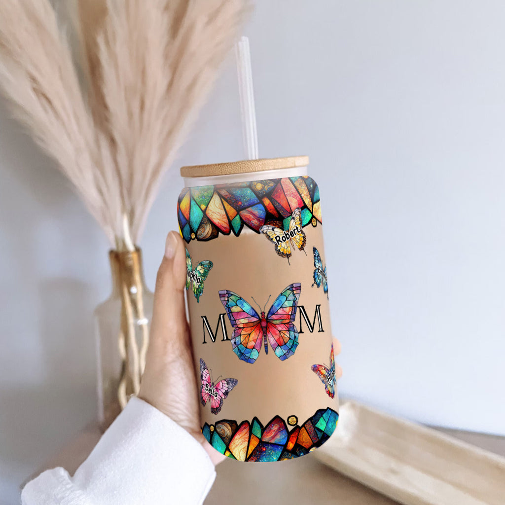 Mom Butterfly Colorful Stained Glass - Personalized Mother Can Glass