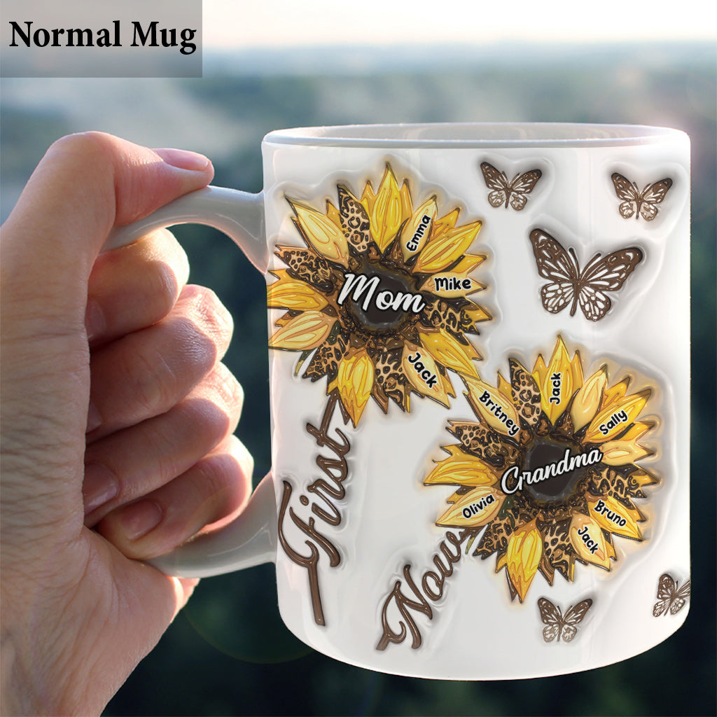First Mom Now Grandma Sunflower Inflated - Personalized Grandma Mug