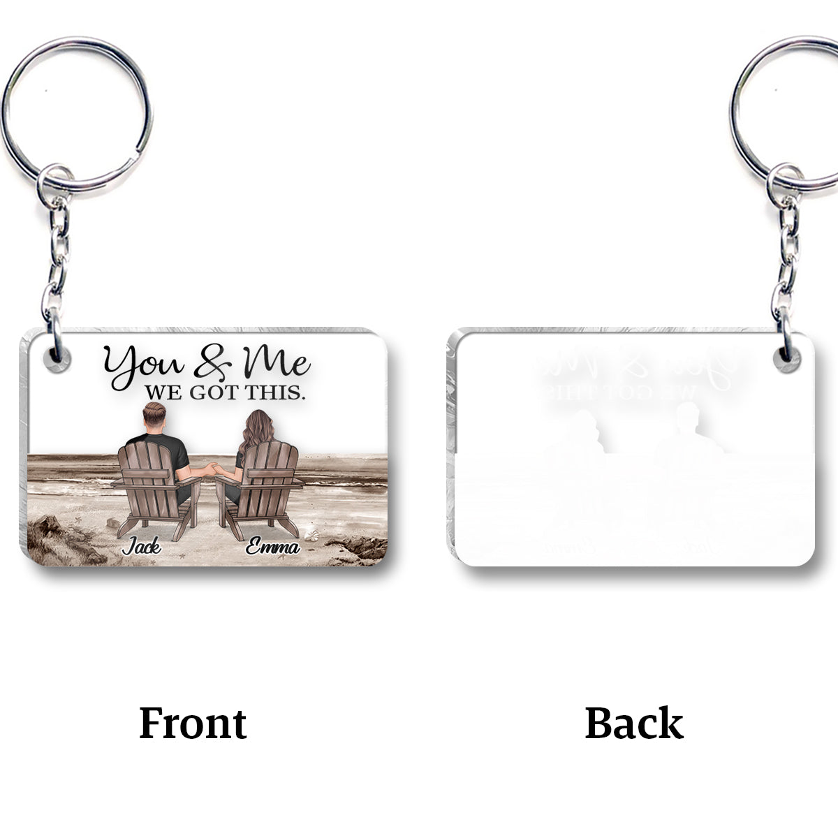 Couple Sitting Back View Retro Vintage Beach Landscape - Personalized Couple Transparent Keychain