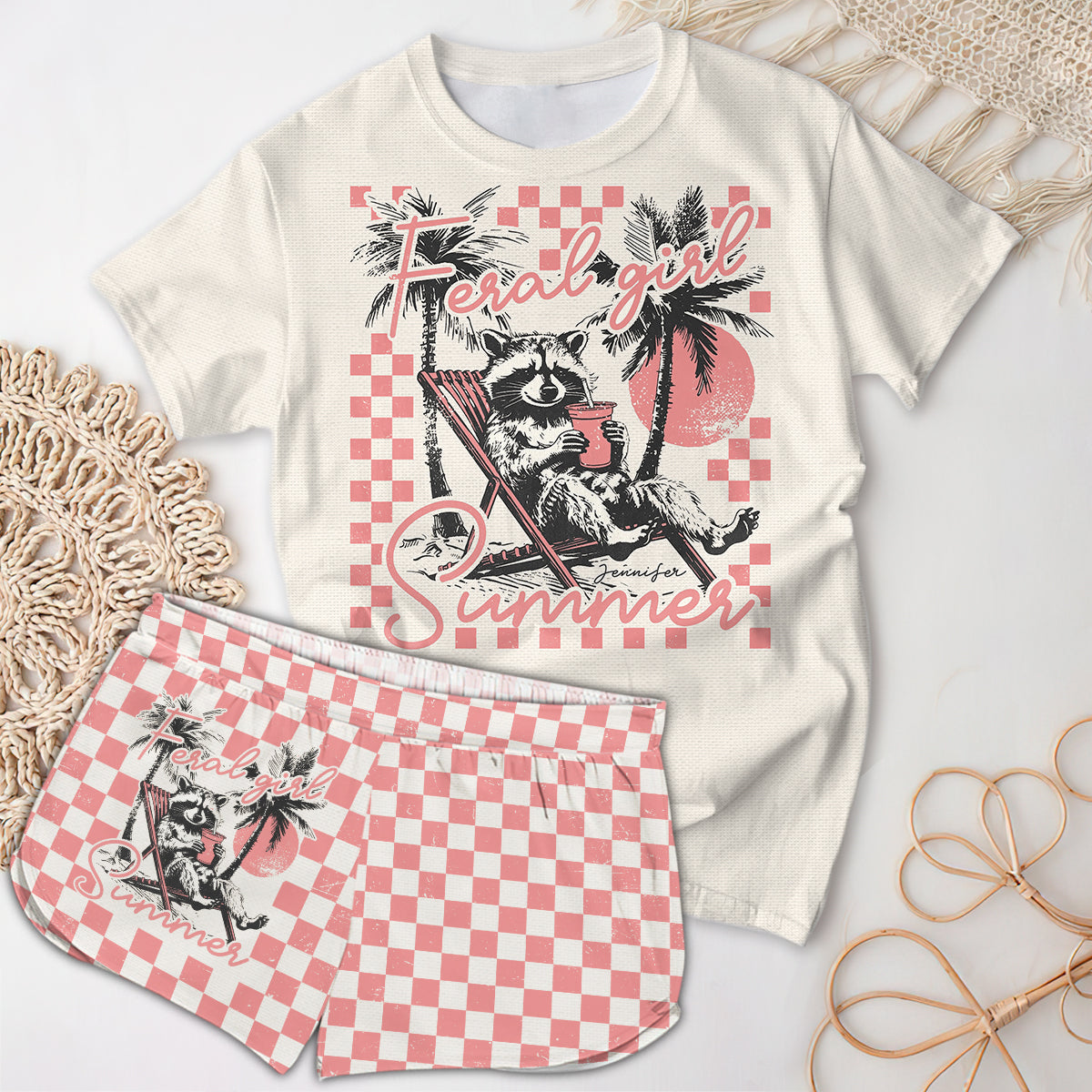 Feral Girl Sommer – Personalisiertes Waschbär-Shirt und Damen-Shorts
