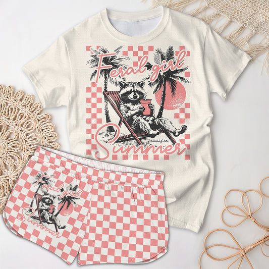 Feral Girl Summer - Personalized Raccoon All Over Shirt & Women Shorts