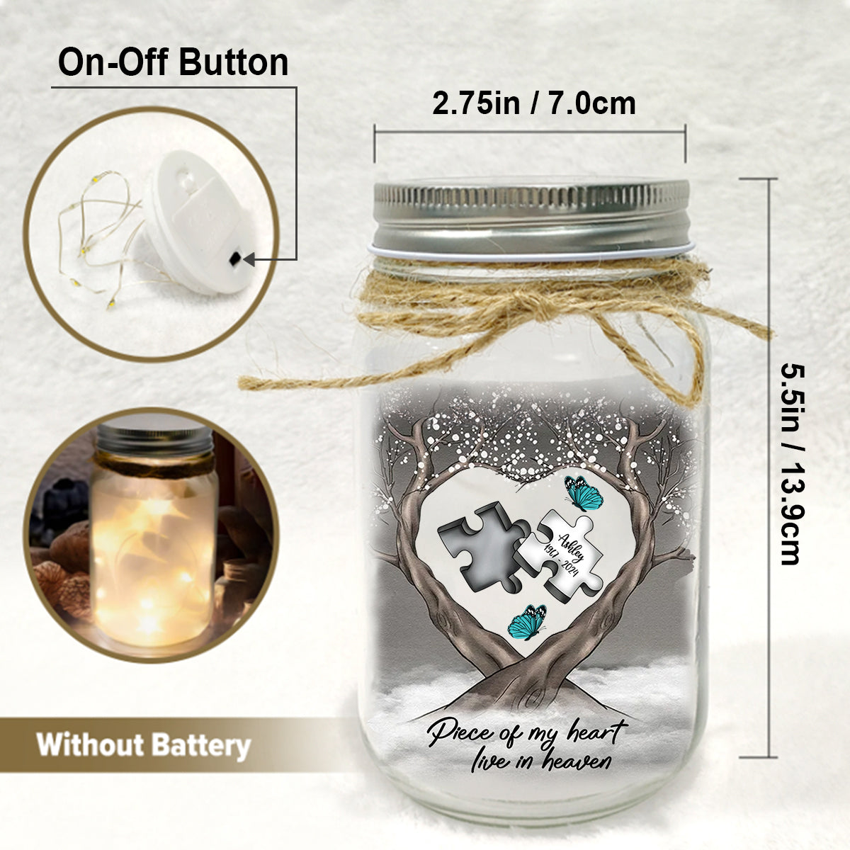 Memorial Butterfly Dragonfly Heaven Feather - Personalized Memorial Mason Jar Light