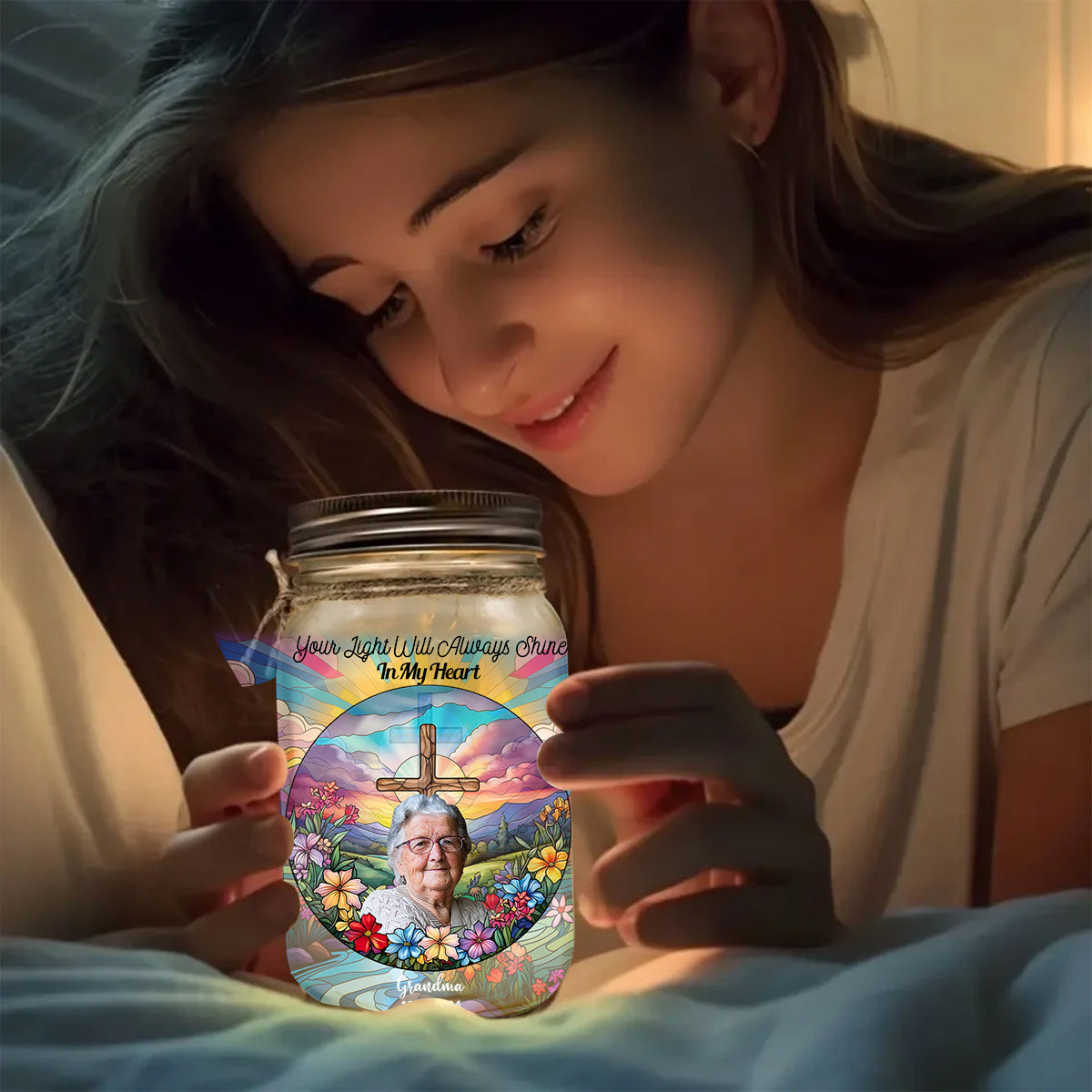 Your Light Will Always Shine In My Heart - Personalized Memorial Mason Jar Light