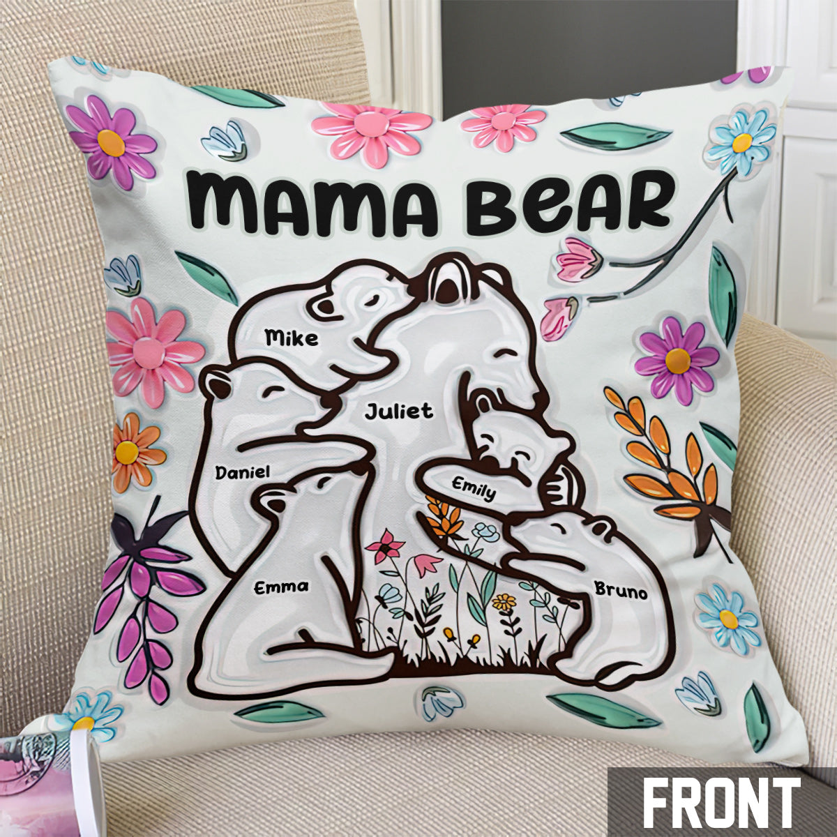 Mama Bear Huggings Her Cubs Floral Style - Personalized Mother Throw Pillow