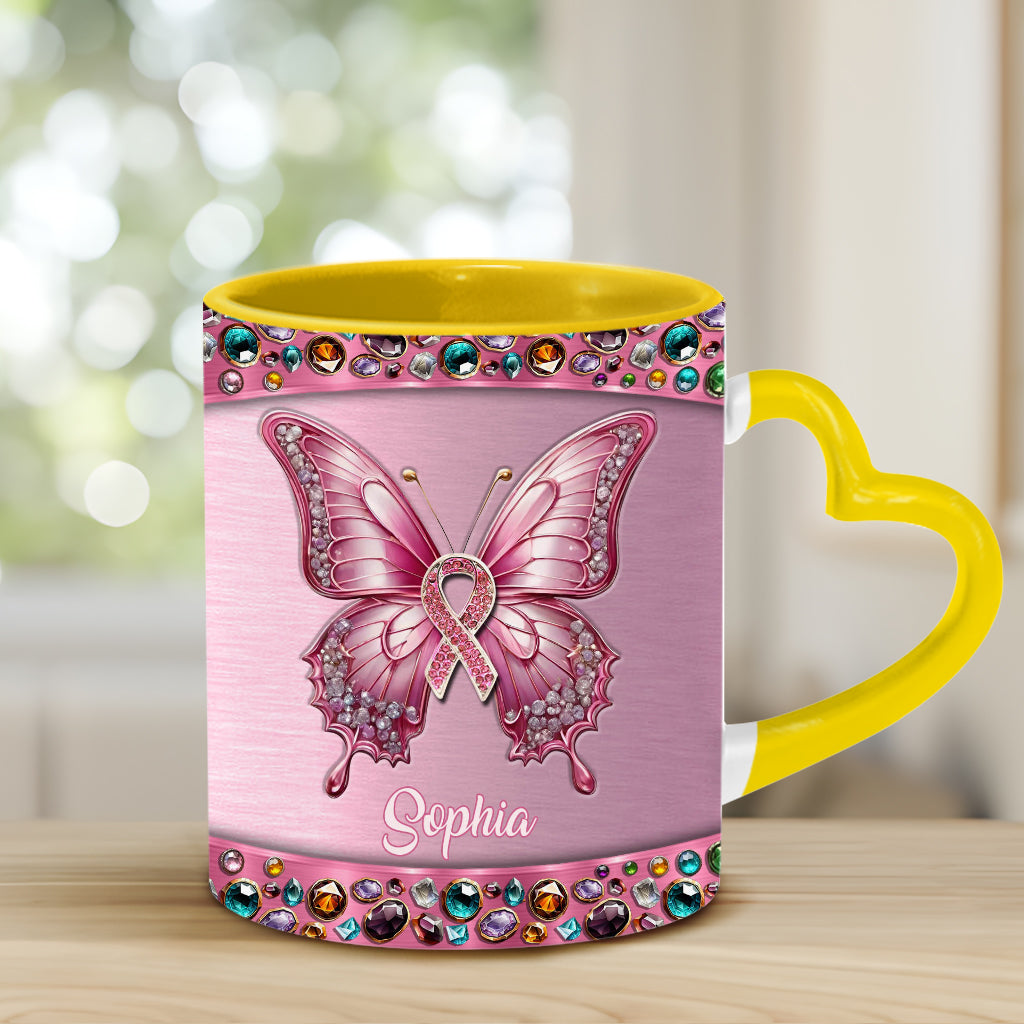 Foi, Espoir, Amour - Mug personnalisé avec anse en forme de cœur pour la sensibilisation au cancer du sein