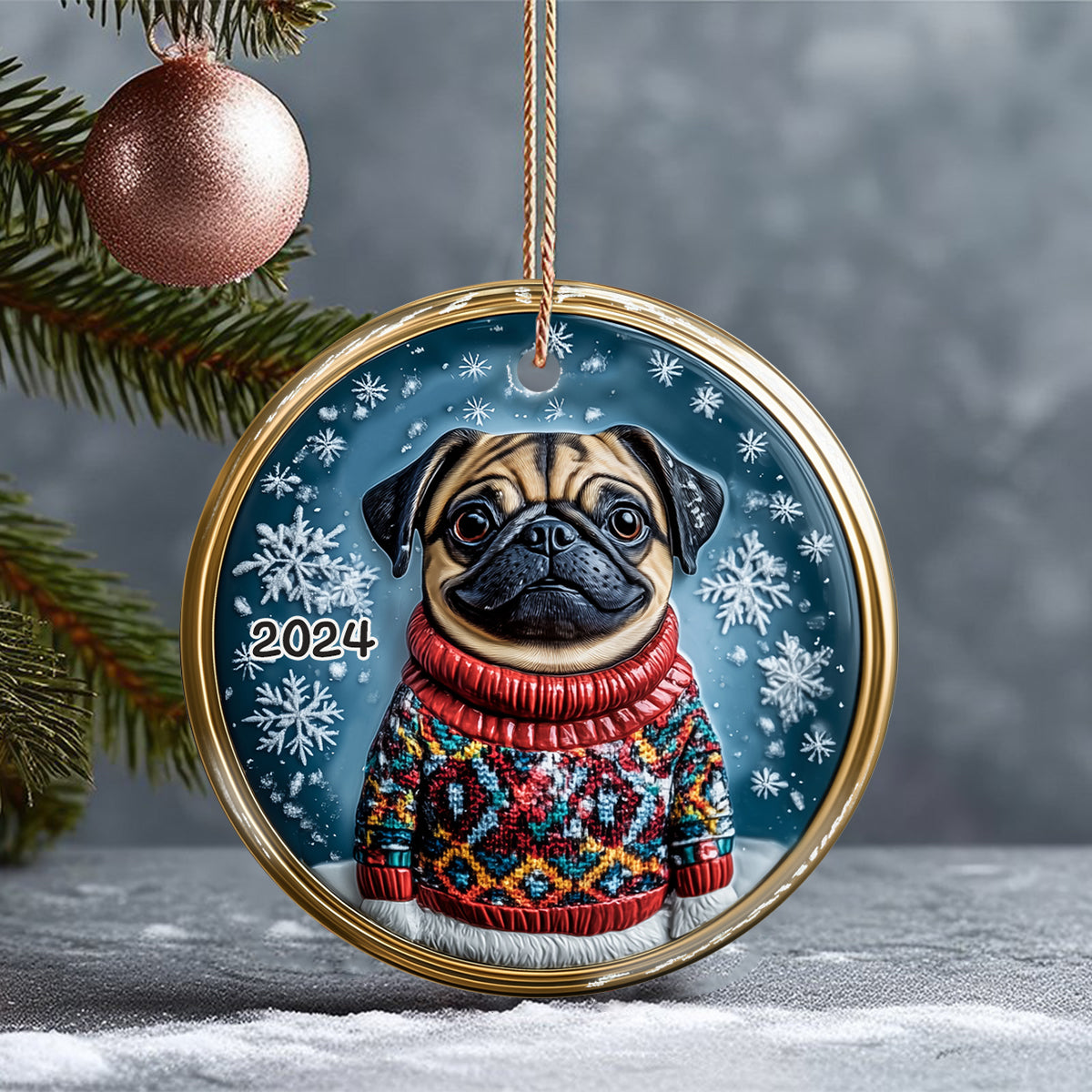 Joyeux Noël - Ornement rond en céramique personnalisé pour chien