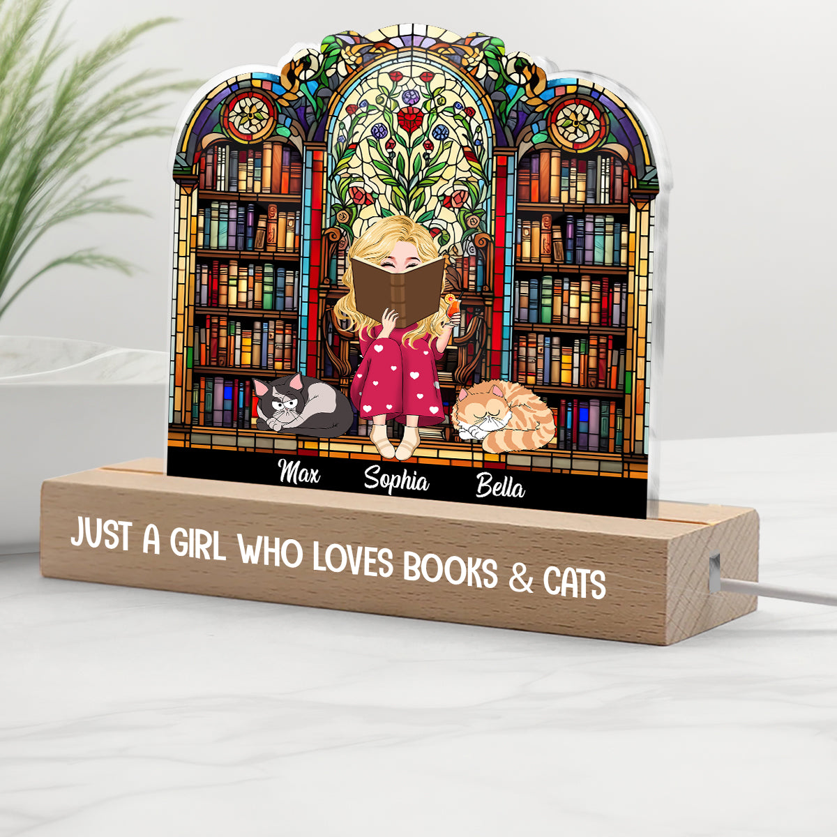 Veilleuse LED personnalisée en forme de livre « Juste une fille qui aime les livres et les animaux »