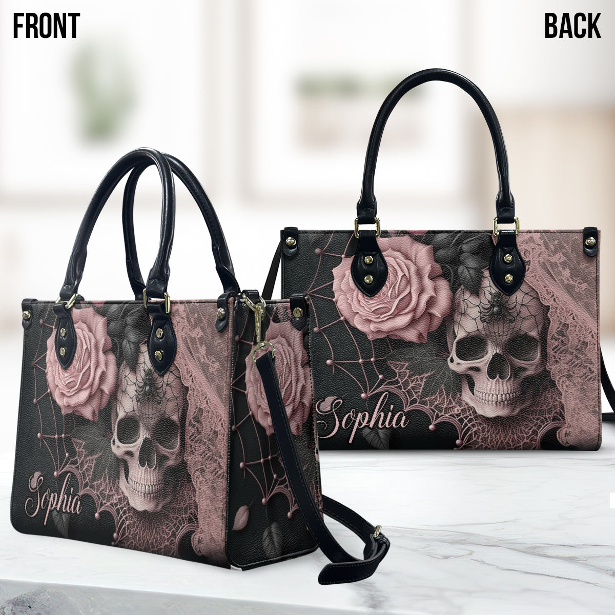 Enchanting Floral & Skull - Personalized Skull Leather Handbag