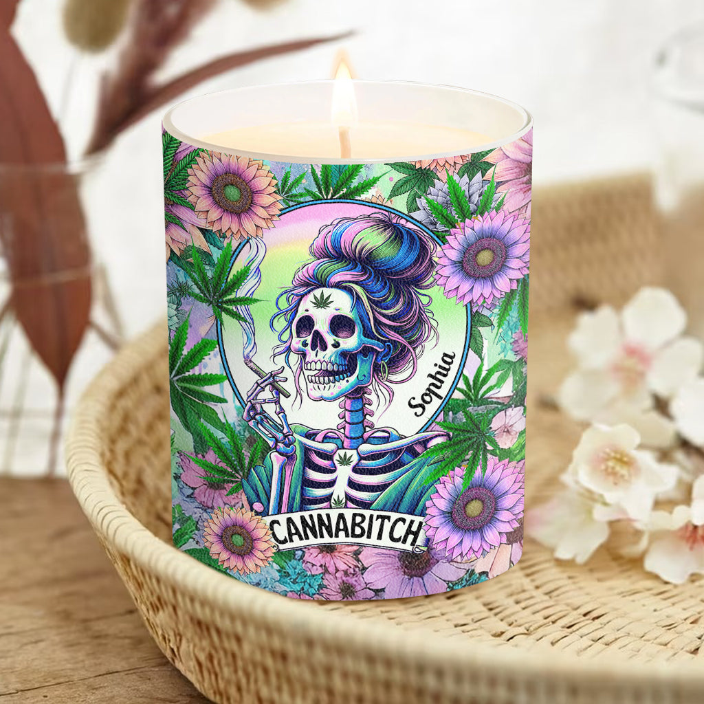 Cannabitch - Bougie personnalisée au cannabis avec couvercle en bois