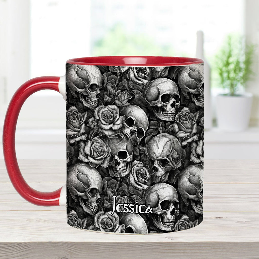 Skull Roses Black And White - Personalized Skull Accent Mug