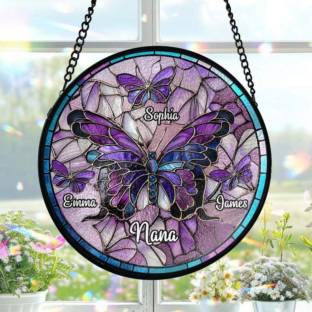 Nana Beautiful Butterfly - Titre au choix - Attrape-soleil en vitrail personnalisé pour grand-mère