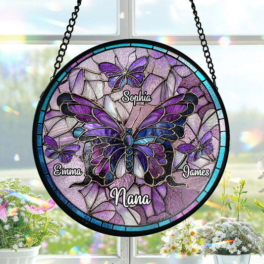 Oma, wunderschöner Schmetterling – Beliebiger Titel – Personalisierter Oma-Glas-Sonnenfänger