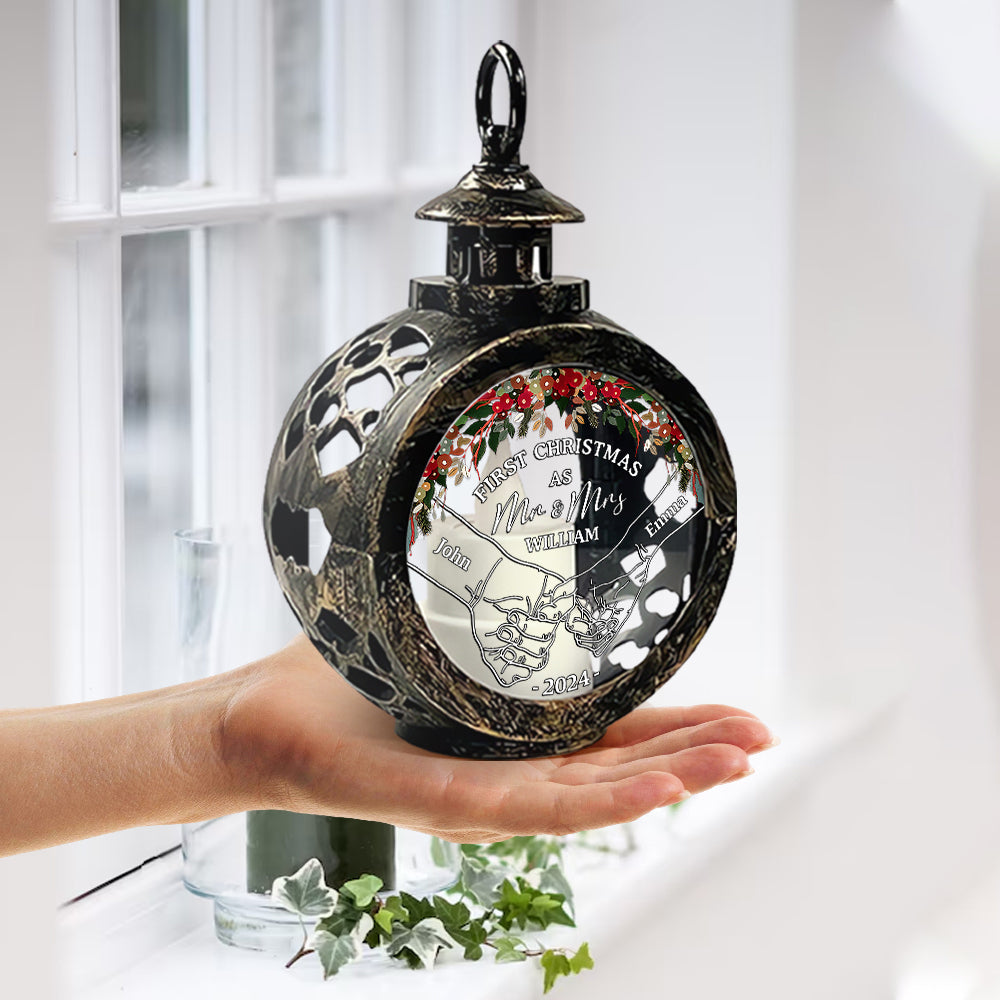 Holding Hands First Christmas - Personalized Couple Round Lantern With Light