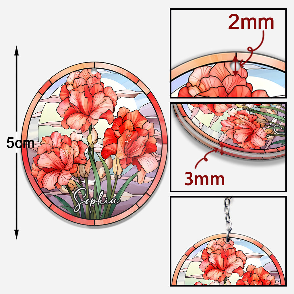 Porte-clés d'anniversaire personnalisé - Fleurs du mois de naissance en vitrail