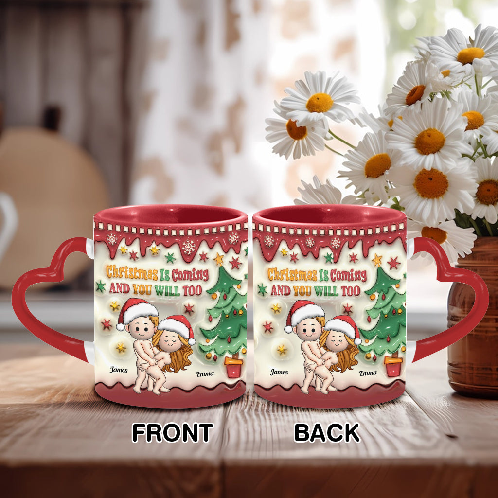 Christmas Is Coming - Personalized Couple Heart Handle Mug