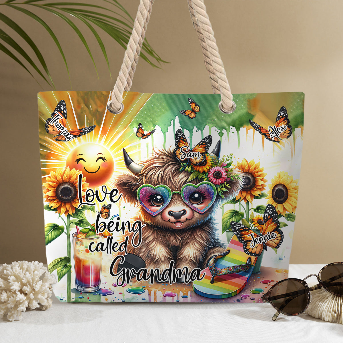Love Being Called Grandma Highland Cow Summer Vibes - Personalized Beach Bag