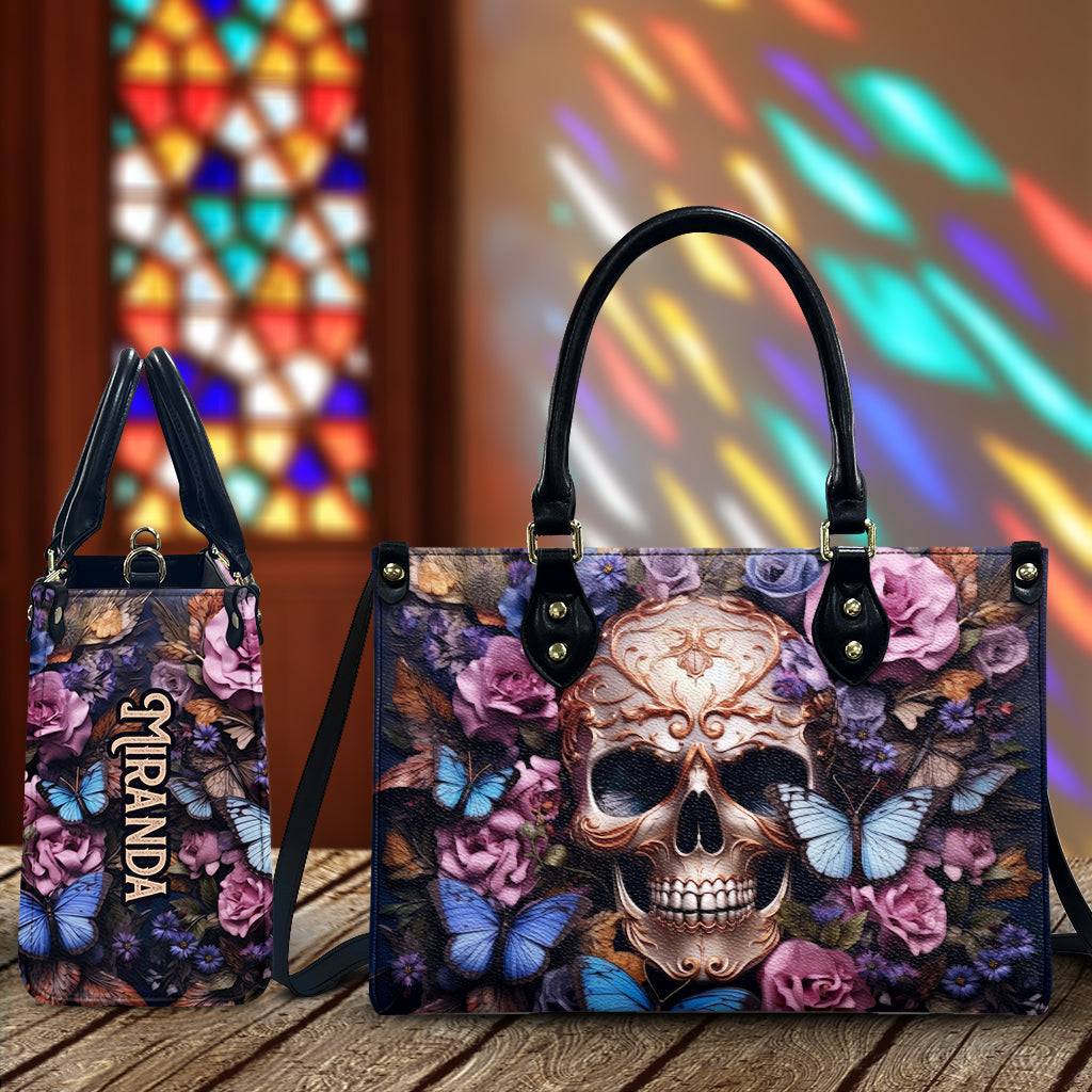 Beauty Of The Dark Skull Roses Butterflies - Personalized Skull Leather Handbag