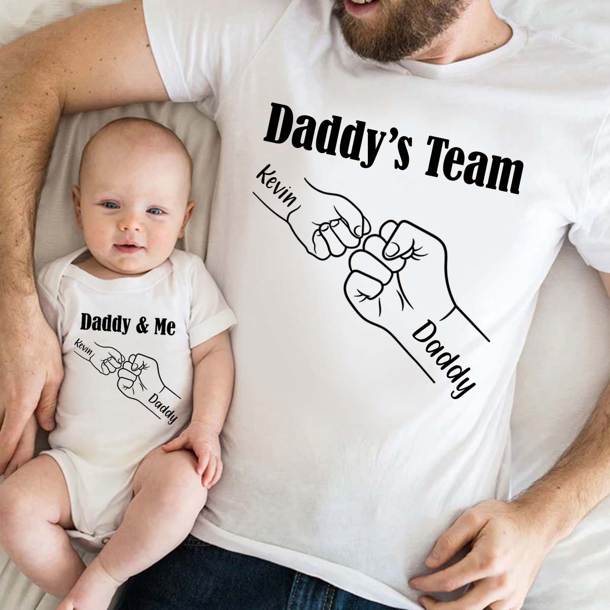 Daddy And Me Daddy's Team - Personalized Father T-shirt And Baby Onesie