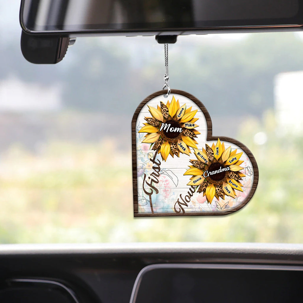 First Mom Now Grandma Sunflower - Personalized Grandma Car Ornament