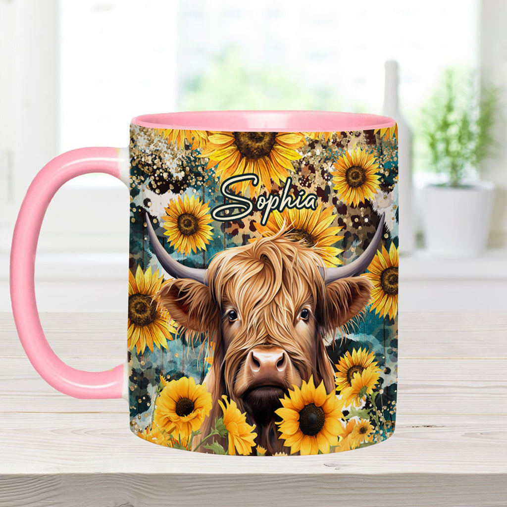 Mug personnalisé « Vache des Highlands parmi les tournesols »