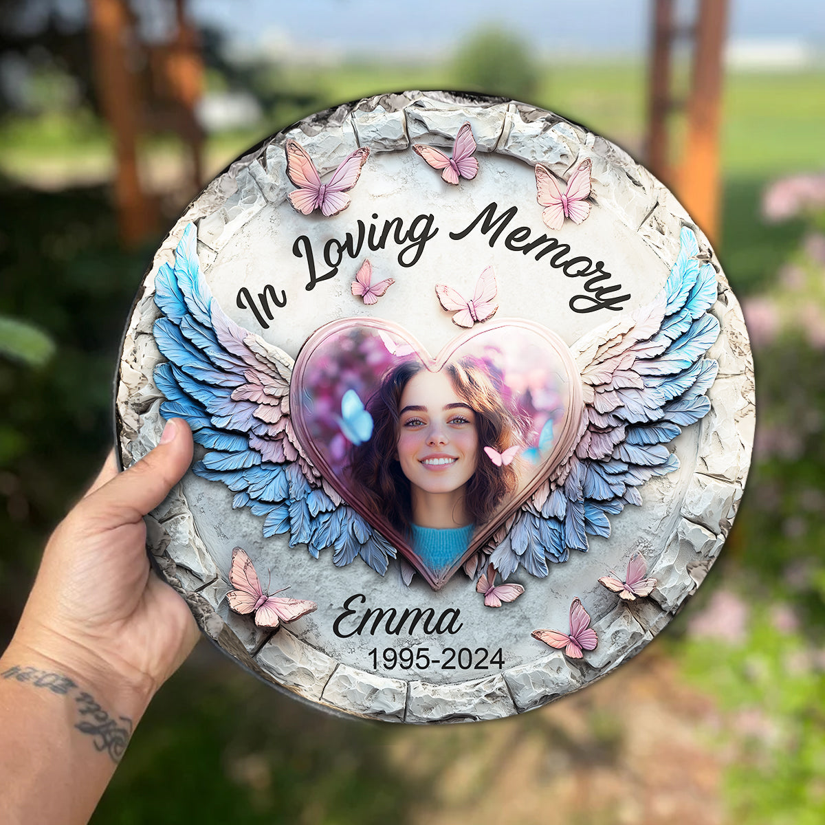 Forever In My Heart Angel Wings - Personalized Memorial Round Shaped Stone