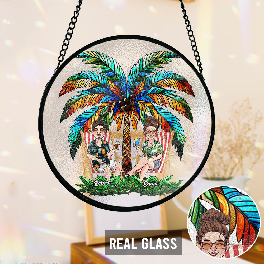 Under The Palm Tree Happy Couple - Personalized Couple Stained Glass Suncatcher