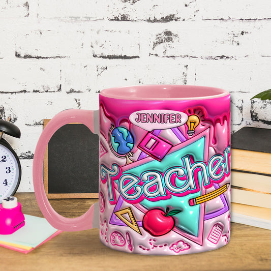 Pinkfarbene, aufblasbare, personalisierte Tasse mit Lehrerakzent
