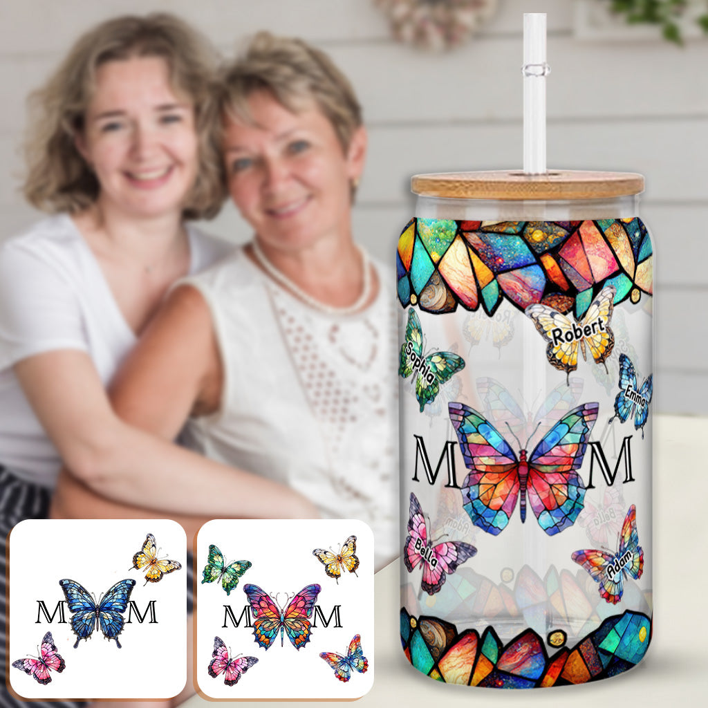 Mom Butterfly Colorful Stained Glass - Personalized Mother Can Glass